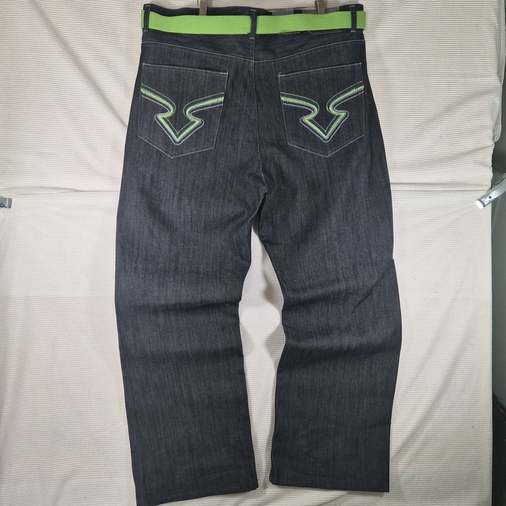 E.S.T. Jeans Mens 42x32 Bootcut Dark Wash Y2K Streetwear NWT Green Belt Baggy...